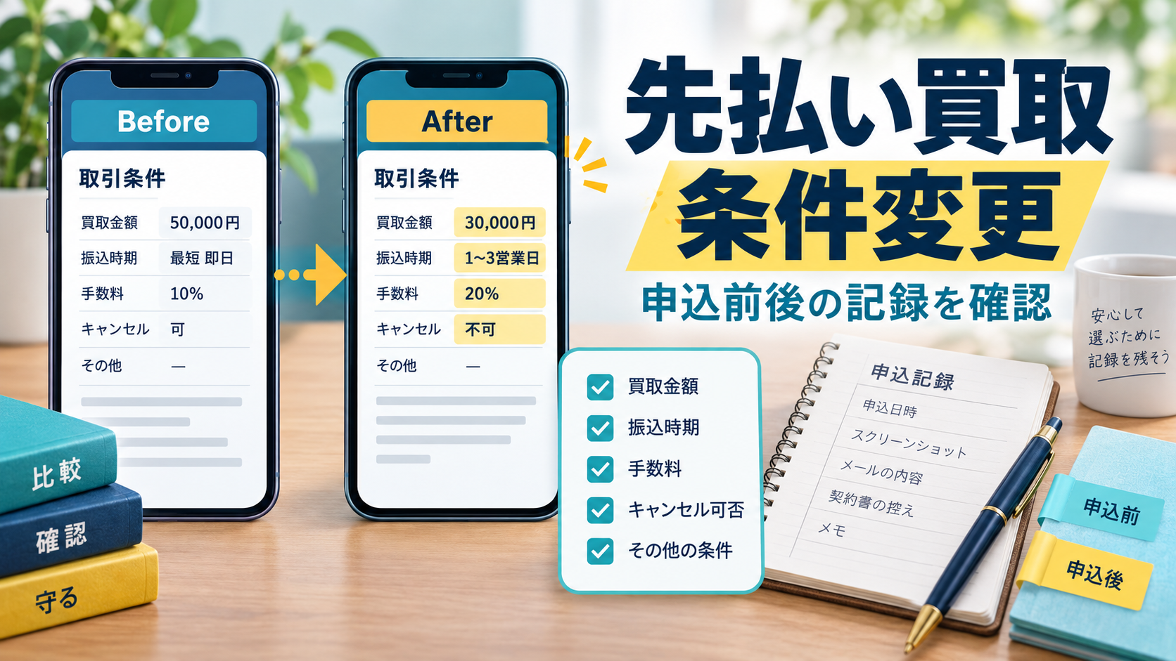 先払い買取の条件変更を確認する方法｜申込前後で残す記録